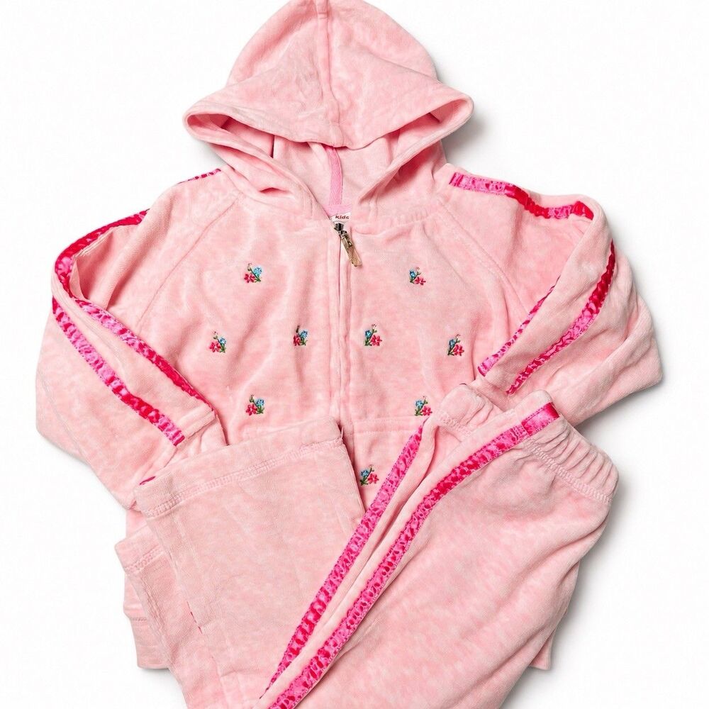Girls Pink Velour Y2K Outfit 2T Floral Rose Embroidered Zip Hoodie Pants Toddler